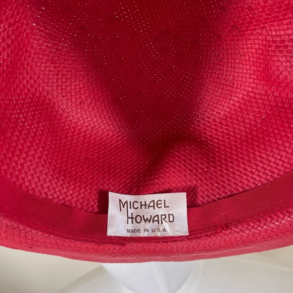 Vintage Michael Howard Red Flipped Up Woven Straw Hat With Red Bow Made In USA - Picture 4 of 4